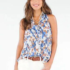 CABI #6106 Jigsaw Sleeveless Top Button Ruffle Blue & White Size XL Z52